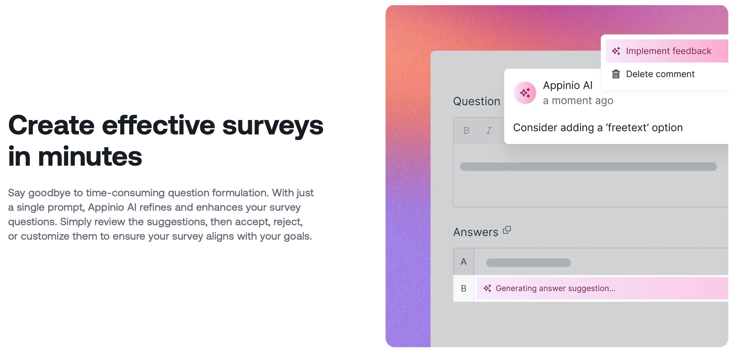 Appinio AI suggesting refinements to survey questions