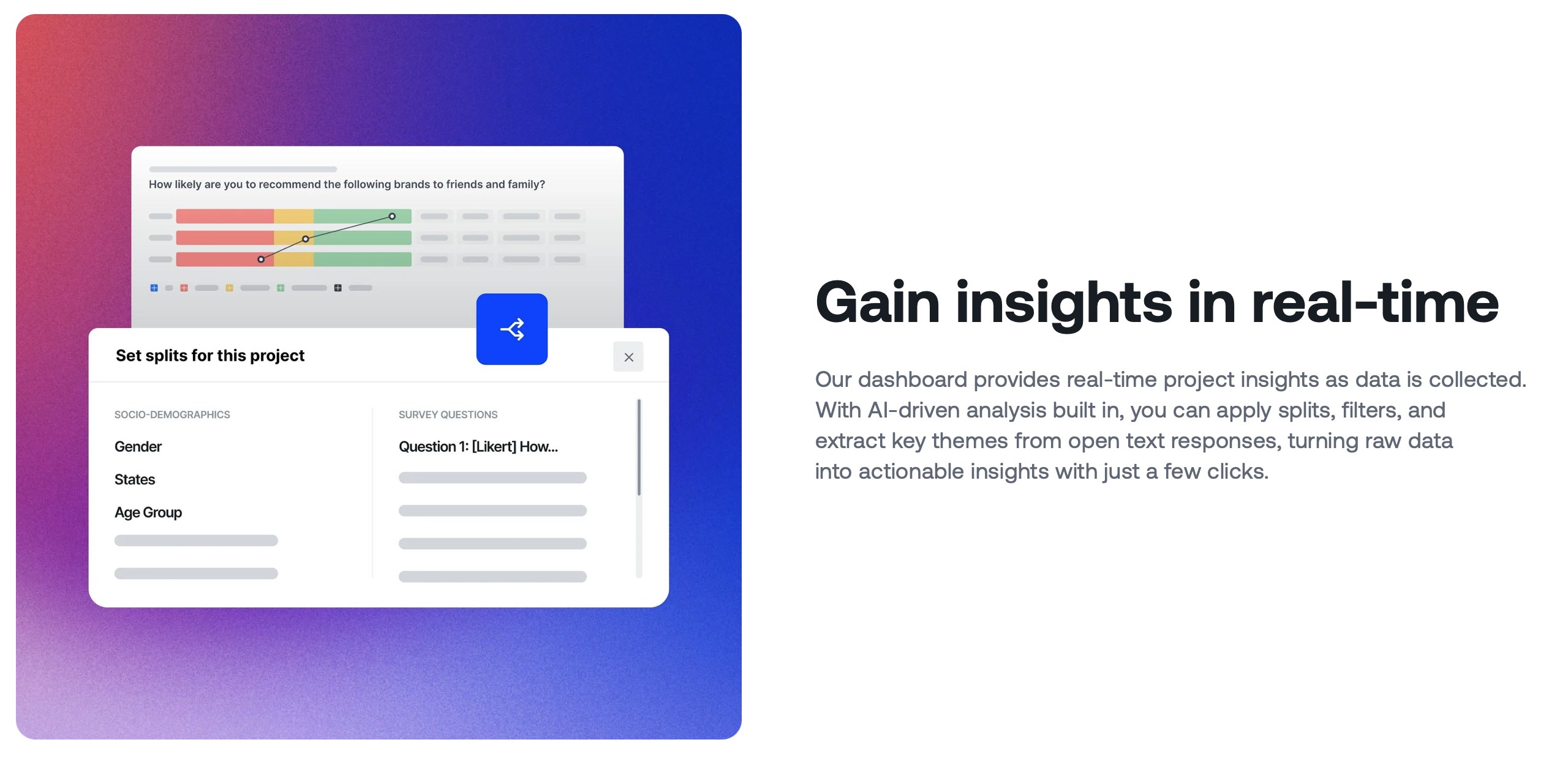 Appinio real-time insights dashboard with Likert chart and split filters