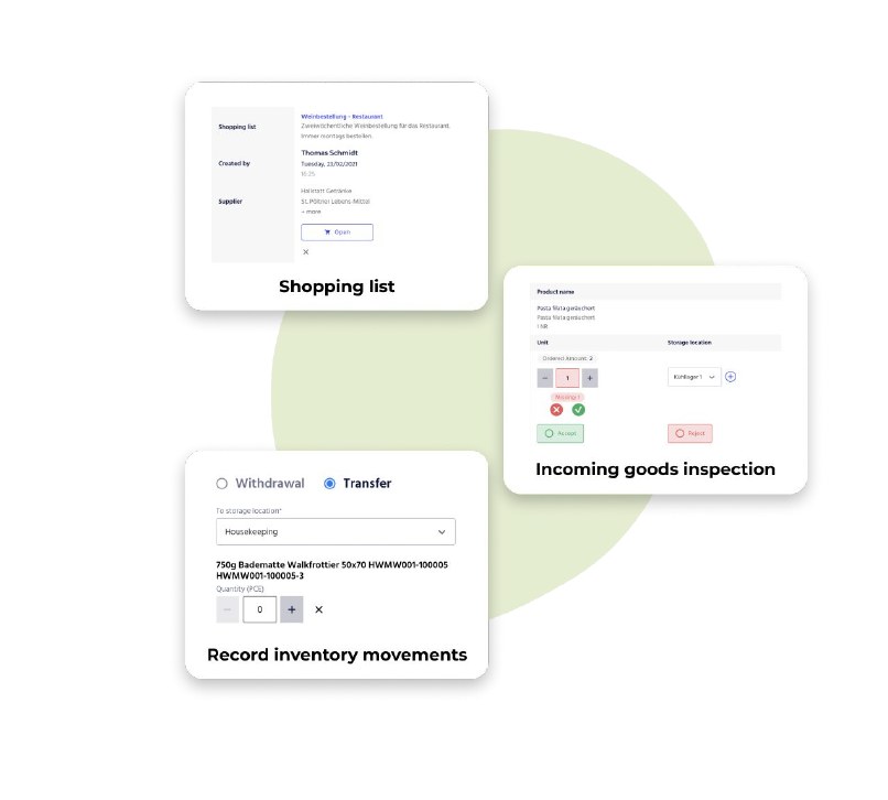 Avisio purchasing flow: shopping list, goods inspection, inventory movements